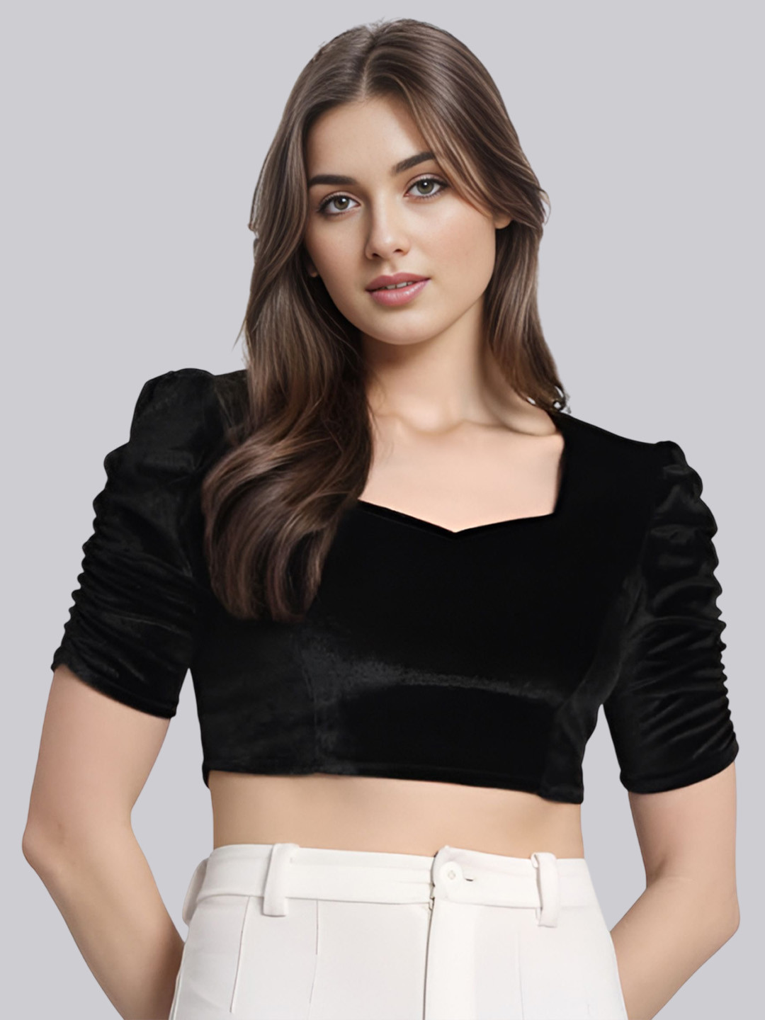 EZSTALL Sweetheart Neck Fusion Wear Velvet Blouse