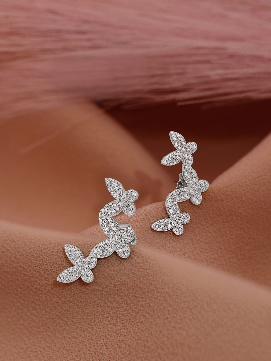 Tweov Jewels Butterfly 925 Sterling Silver Silver-Plated Cubic Zirconia Studded Studs