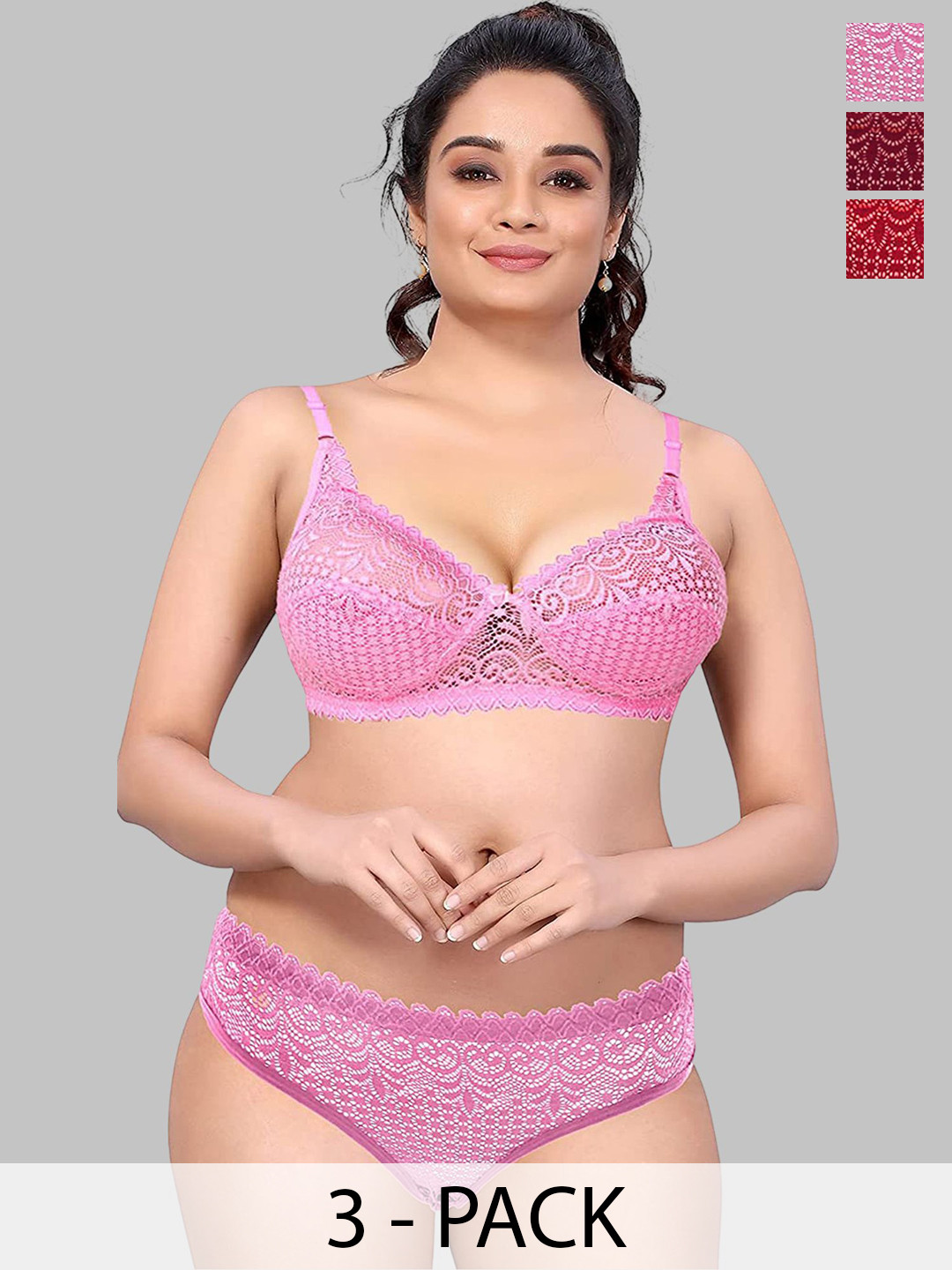 DHANDAI FASHION Pack Of 3 Non Padded Lingerie Set Decent Set-Maroon Pink Red (M-3-3P)