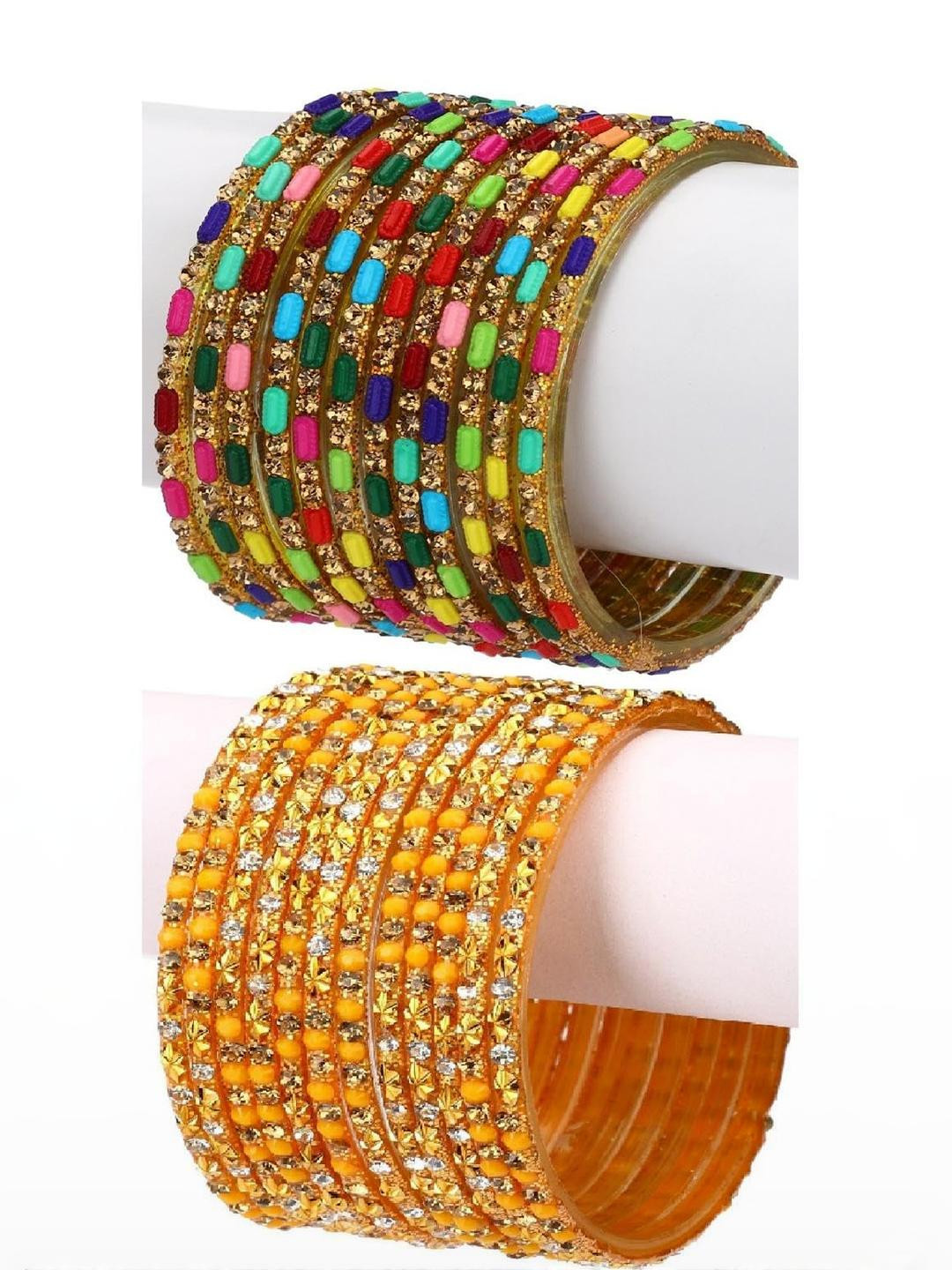 SOMIL Women Set Of 2 Gold & Multi Stone Studded Glass Bangles