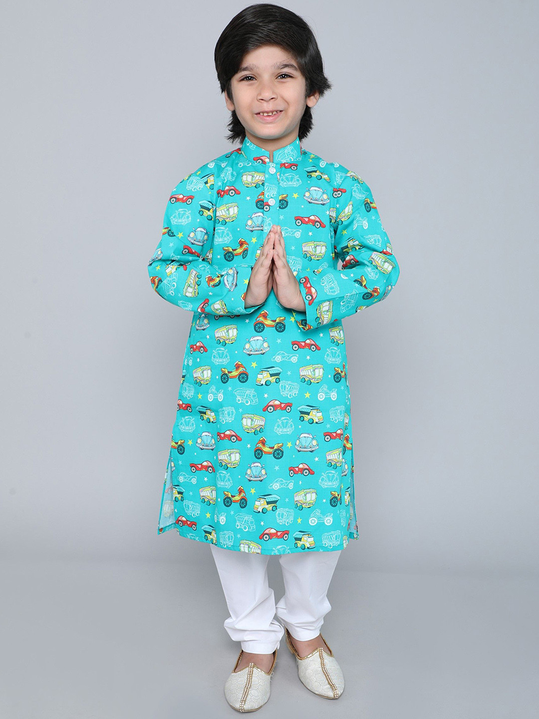 Little Clothings Boys Car Printed Mandarin Collar Pure Cotton Kurta With Churidar