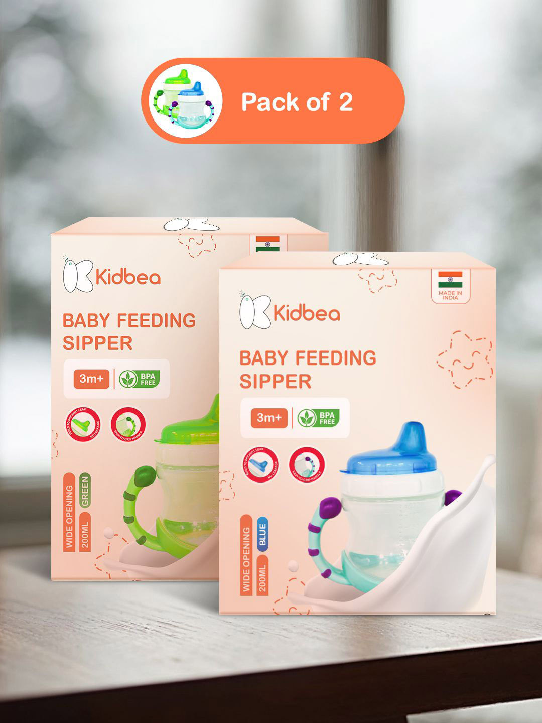 Kidbea Infants 2-Pcs Green & Blue BPA Free Baby Sippers 200ml Each