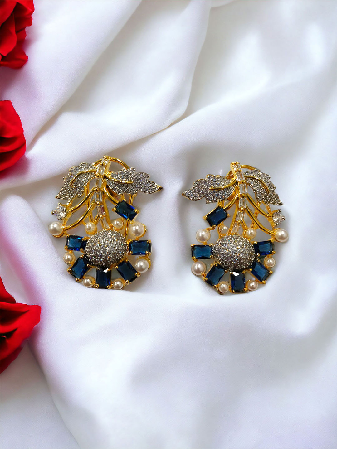 RinGold Gold Plated AD Studded And Beaded Floral Shaped Drop Earrings