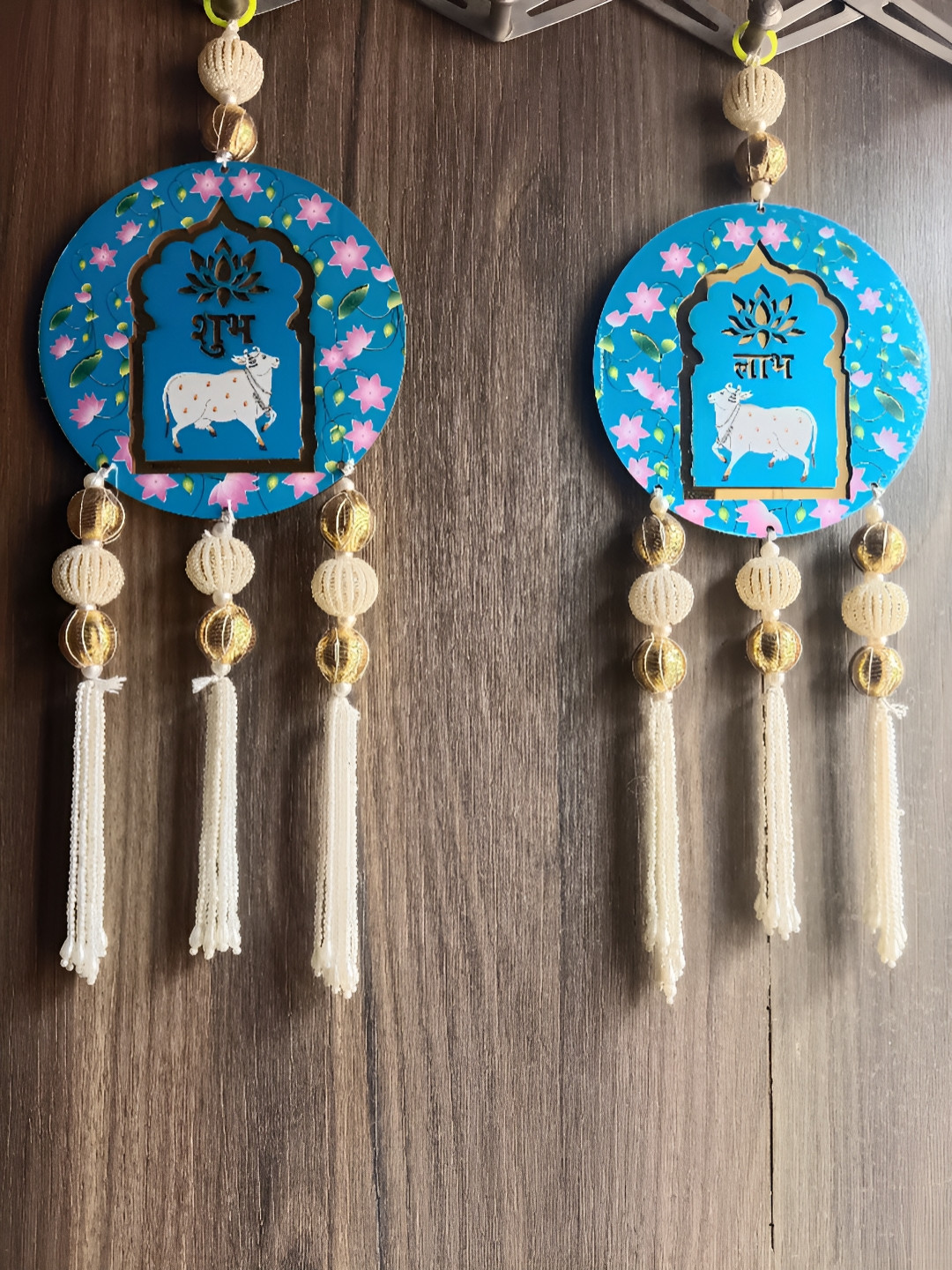 Sellplus 2-Pcs Blue Pichwai Cow Cone Wooden Festive Hanging
