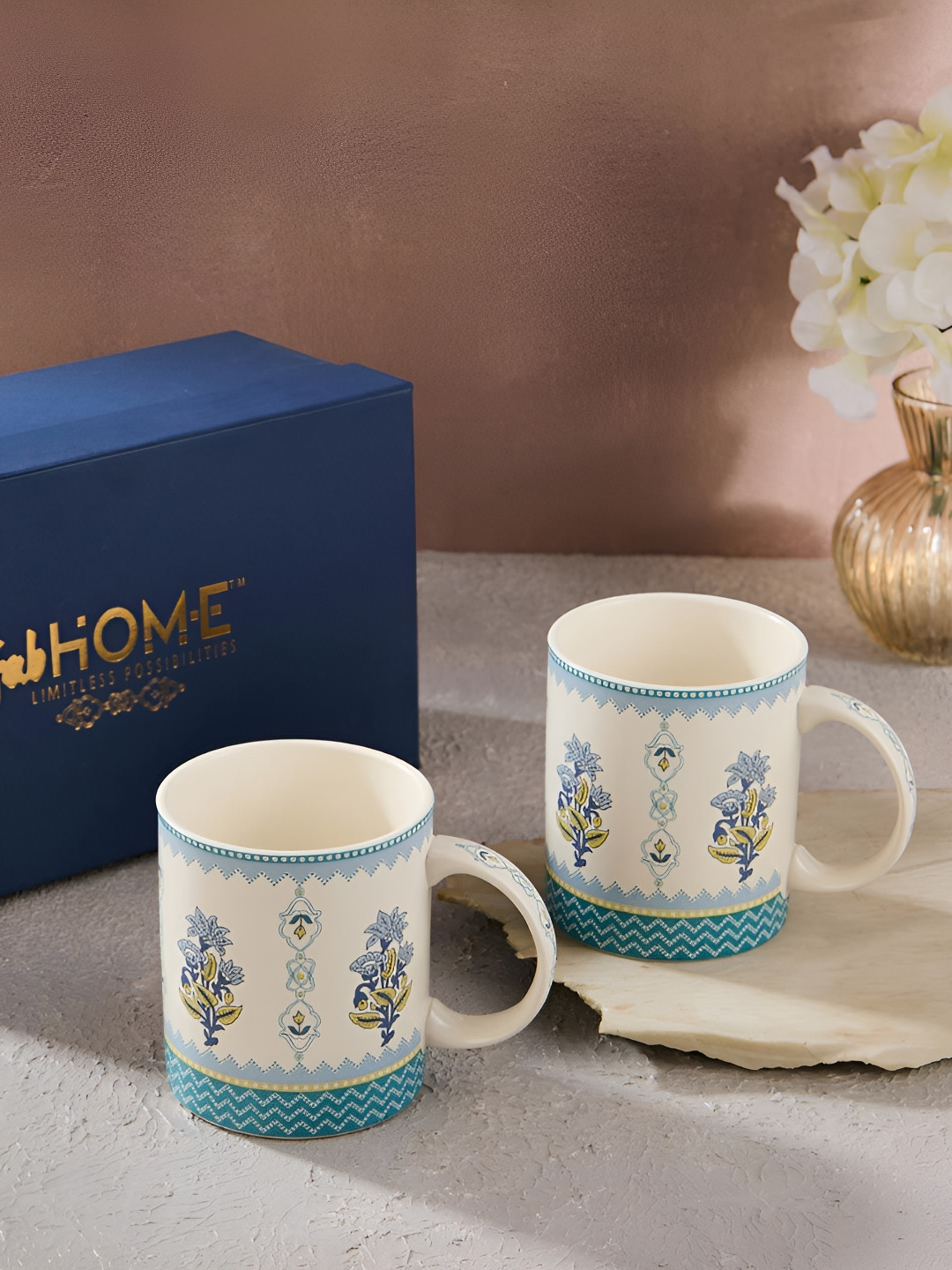 Fabindia Sangam Blue 2 Pcs Floral Printed Dishwasher & Microwave Safe Ceramic Matte Mug