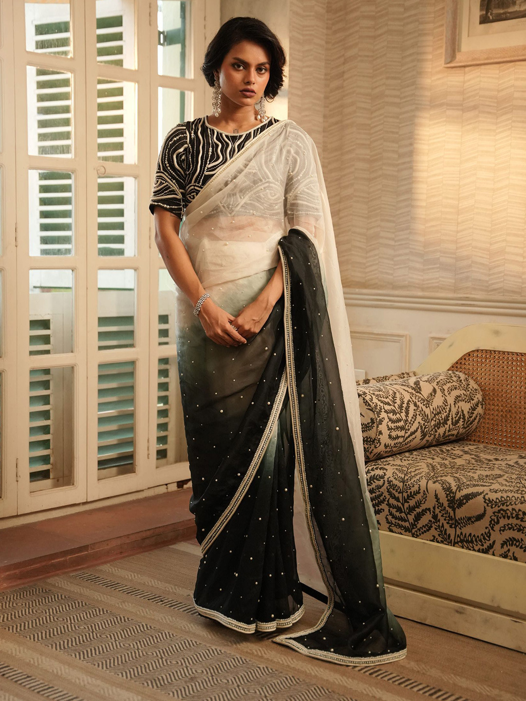 MIDUSHI BAJORIA Ombre Beads and Stones Organza Maheshwari Saree