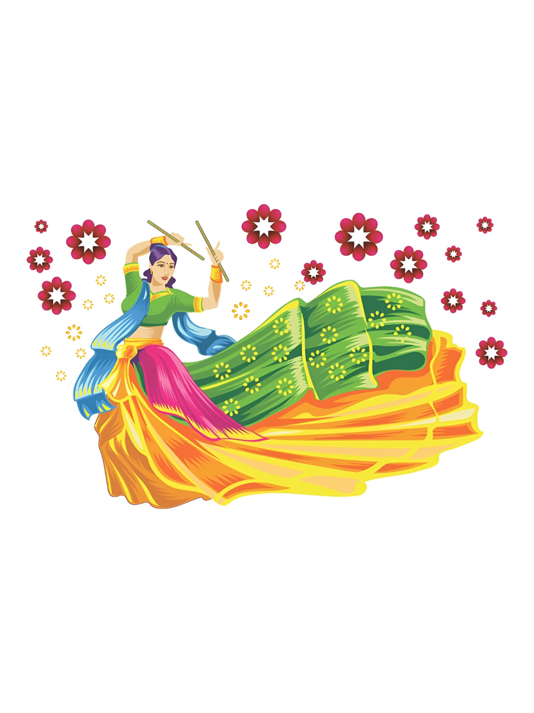 LANSTICK Green & Yellow Traditional Dance Printed Wall Stcikers