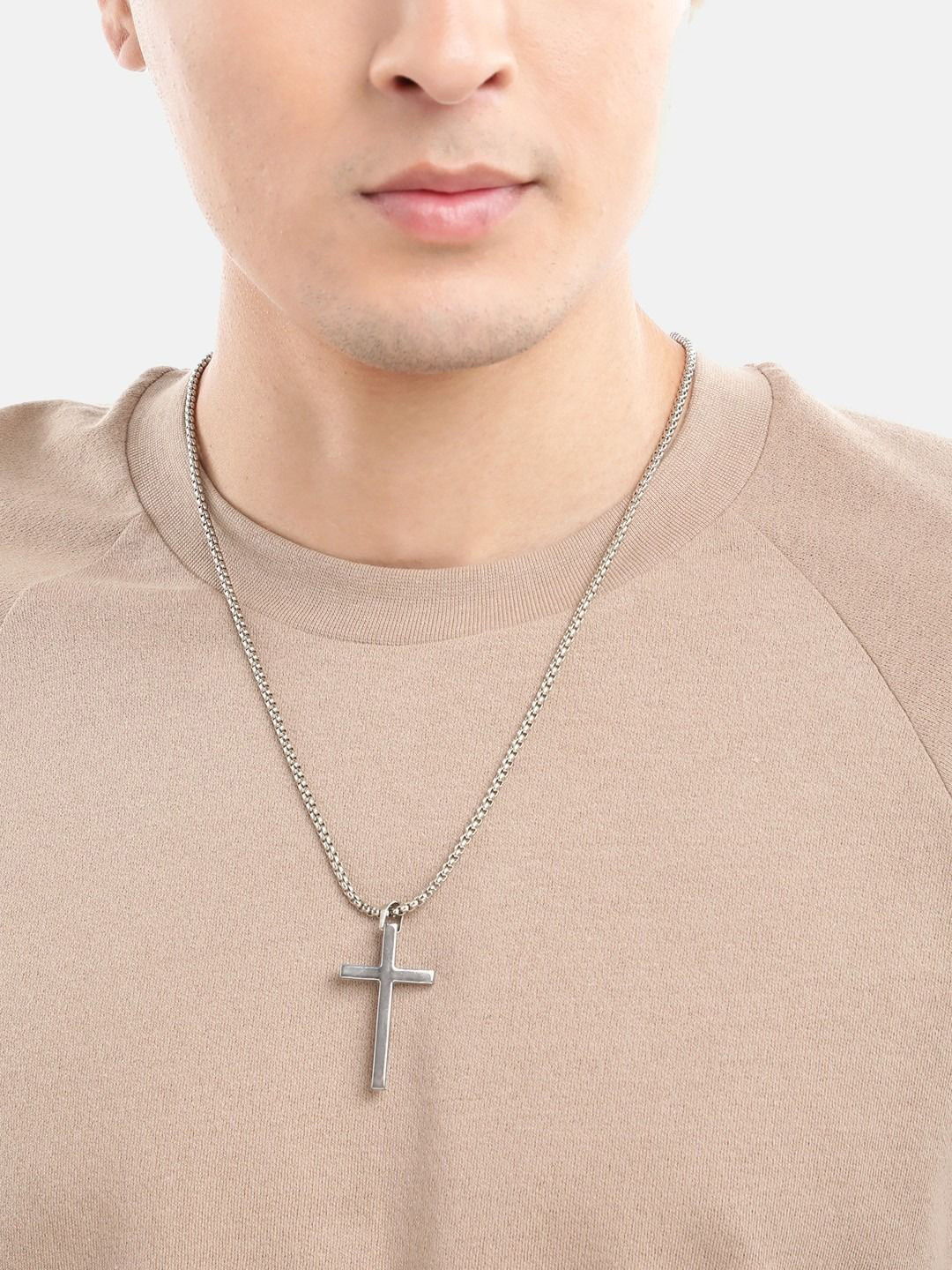 AGARWALPRODUCT Stainless Steel Silver-Plated Jesus Christ Cross Pendant With Chain