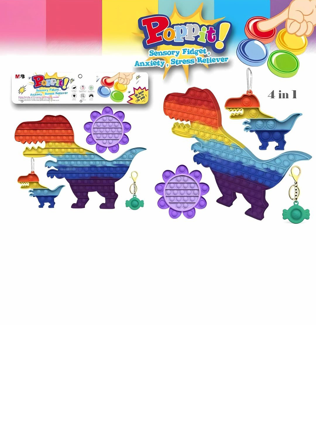 YK 4-In-1 Dinosaur-Themed Push Pop Bubble Fidget Toy Set With Keychain
