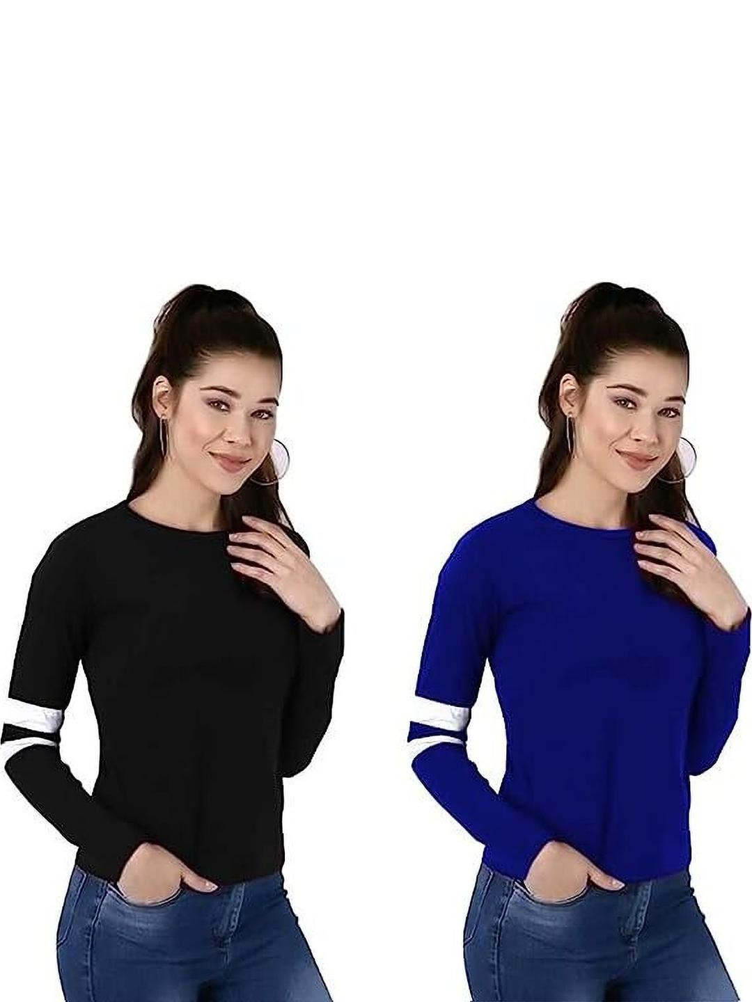 PINOVO Women's Black & Blue Round Neck Long Sleeve Regular T-shirt Pack of 2
