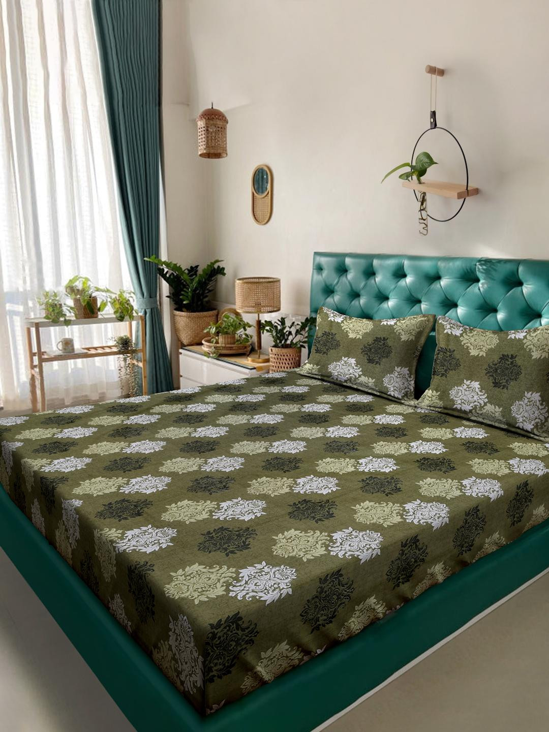 KLOTTHE Olive Green Floral Printed 400 TC Cotton King Bedsheet Set 2.50 m x 2.25 m