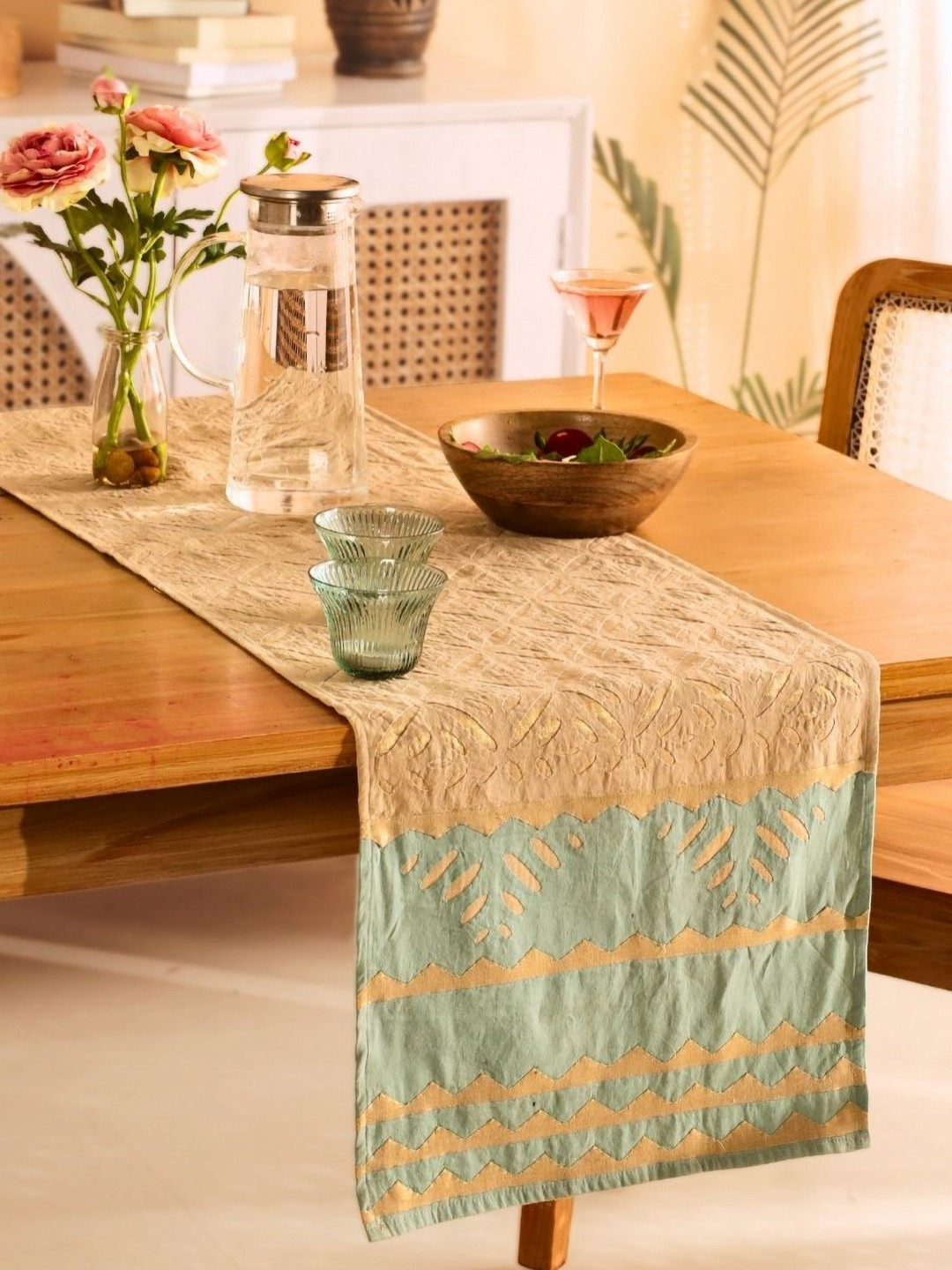 Peepul Tree Taupe & Blue Self Designed Cotton Table Runner