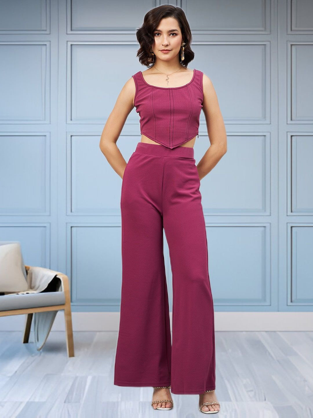 all about you Scoop Neck Corset-Top With Flared Palazzos Co-Ords