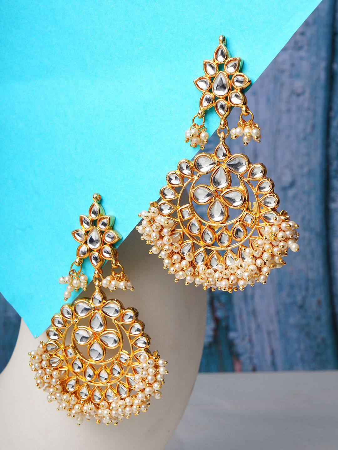 Bamboo Tree Jewels Gold-Plated Kundan Studded & Beaded Crescent Shaped Chandbalis