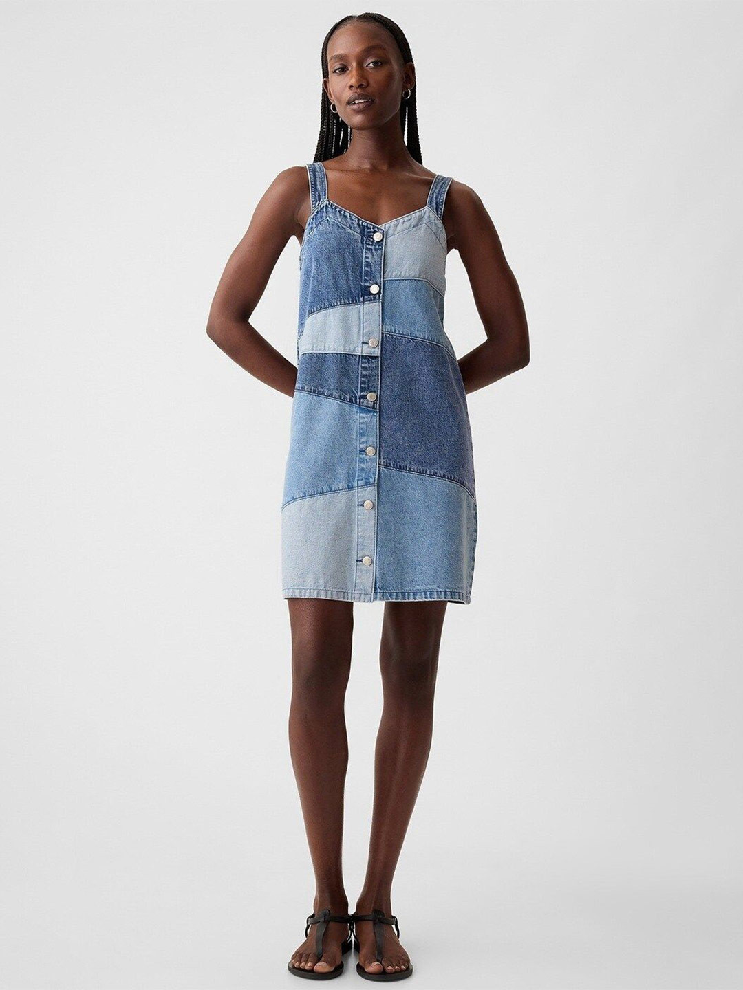 GAP Women ColorBlocked Patchwork Denim Relaxed-Fit Sleeveless A-Line Mini Dress