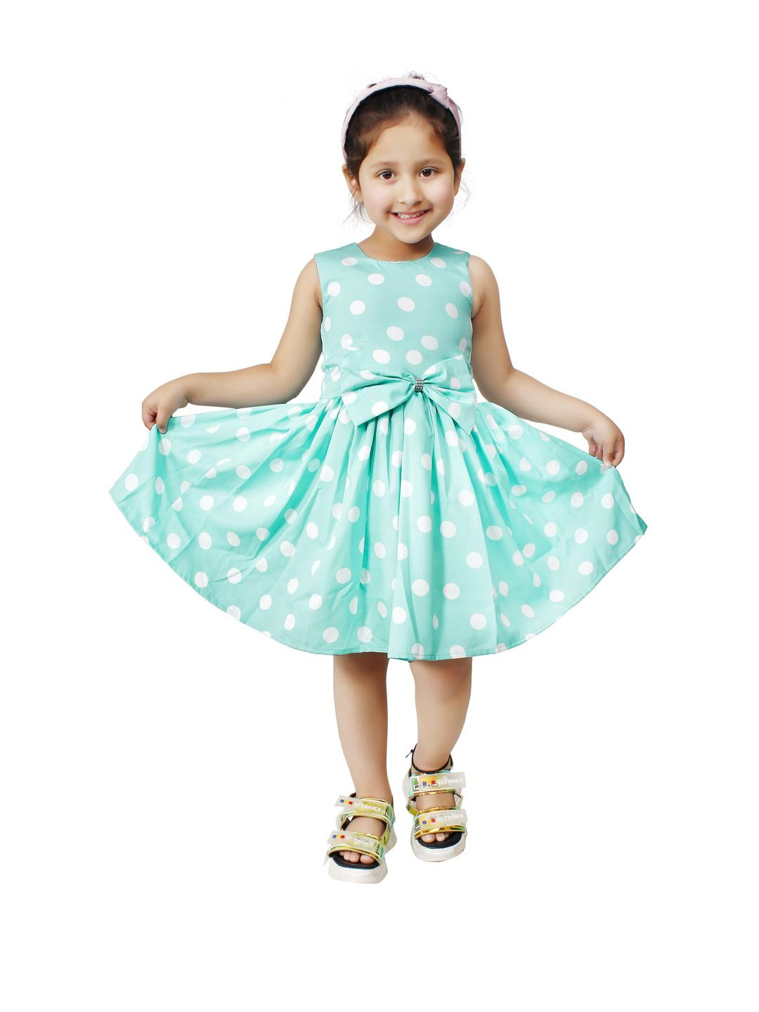 Alisha Moda Gilrs Sea Green Polka Dot Print Crepe Fit & Flare Dress