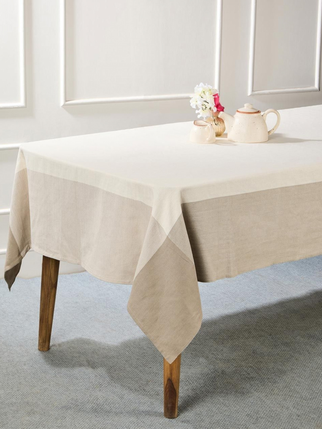 Fabindia Adesh White & Grey Colorblocked Cotton 6 Seater Table Cover