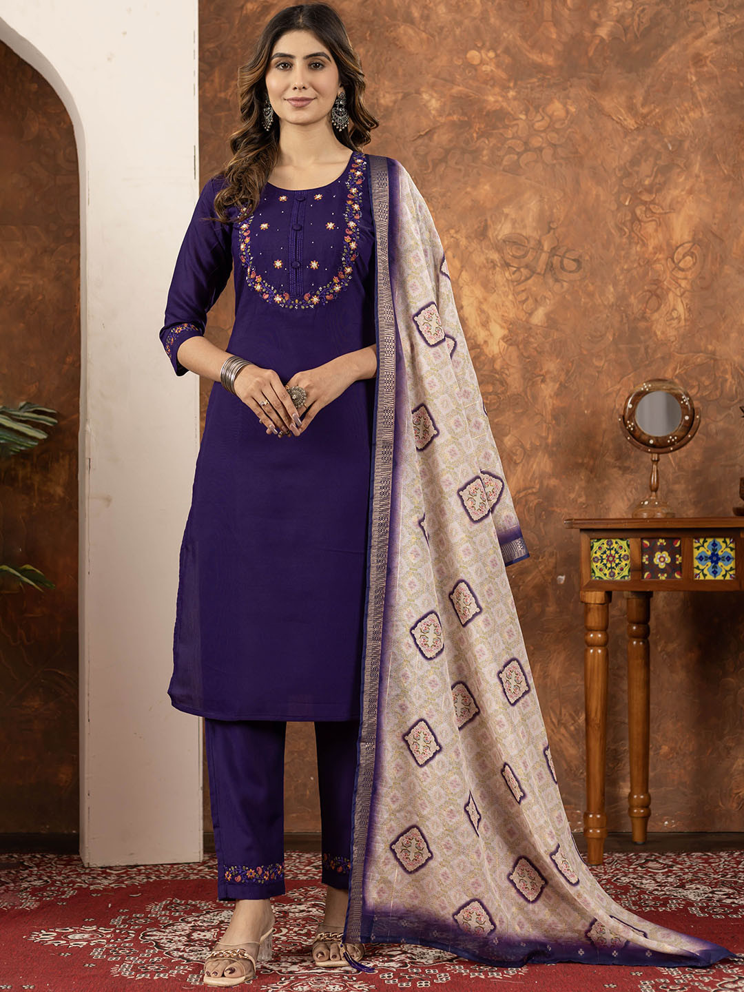 Ekta Textiles Women Floral Embroidered Thread Work Round Neck Kura with Trousers & Dupatta