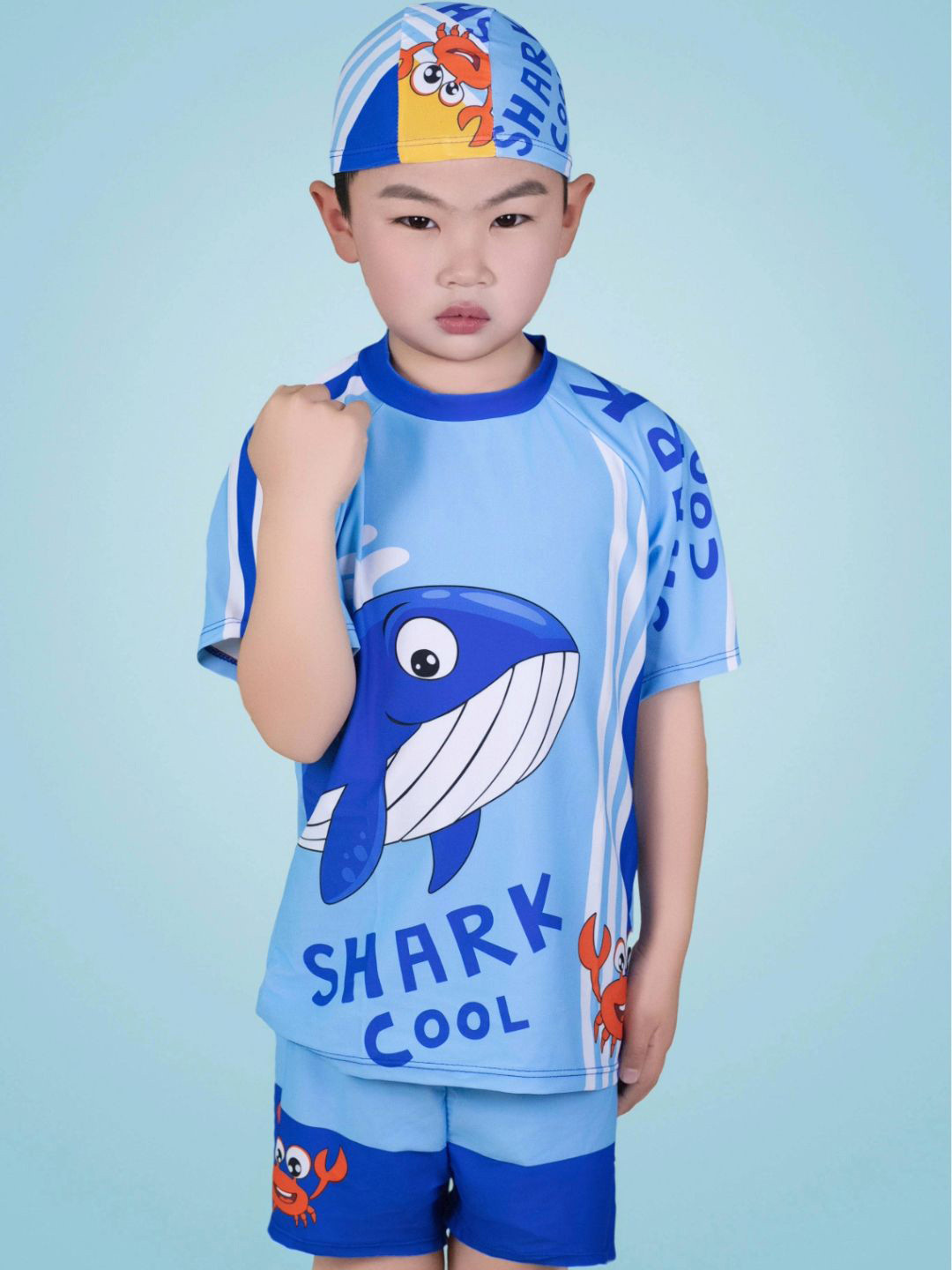 Lebami Boys Printed T-Shirt Shorts & Cap 3-Piece Swimset
