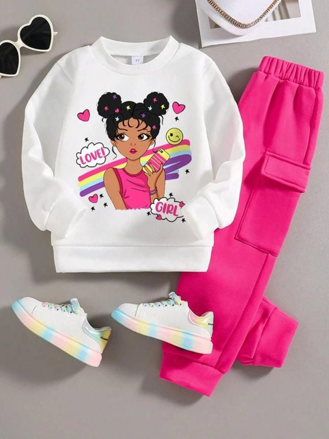 AVOVU Girls Printed Round Neck T-shirt With Trousers