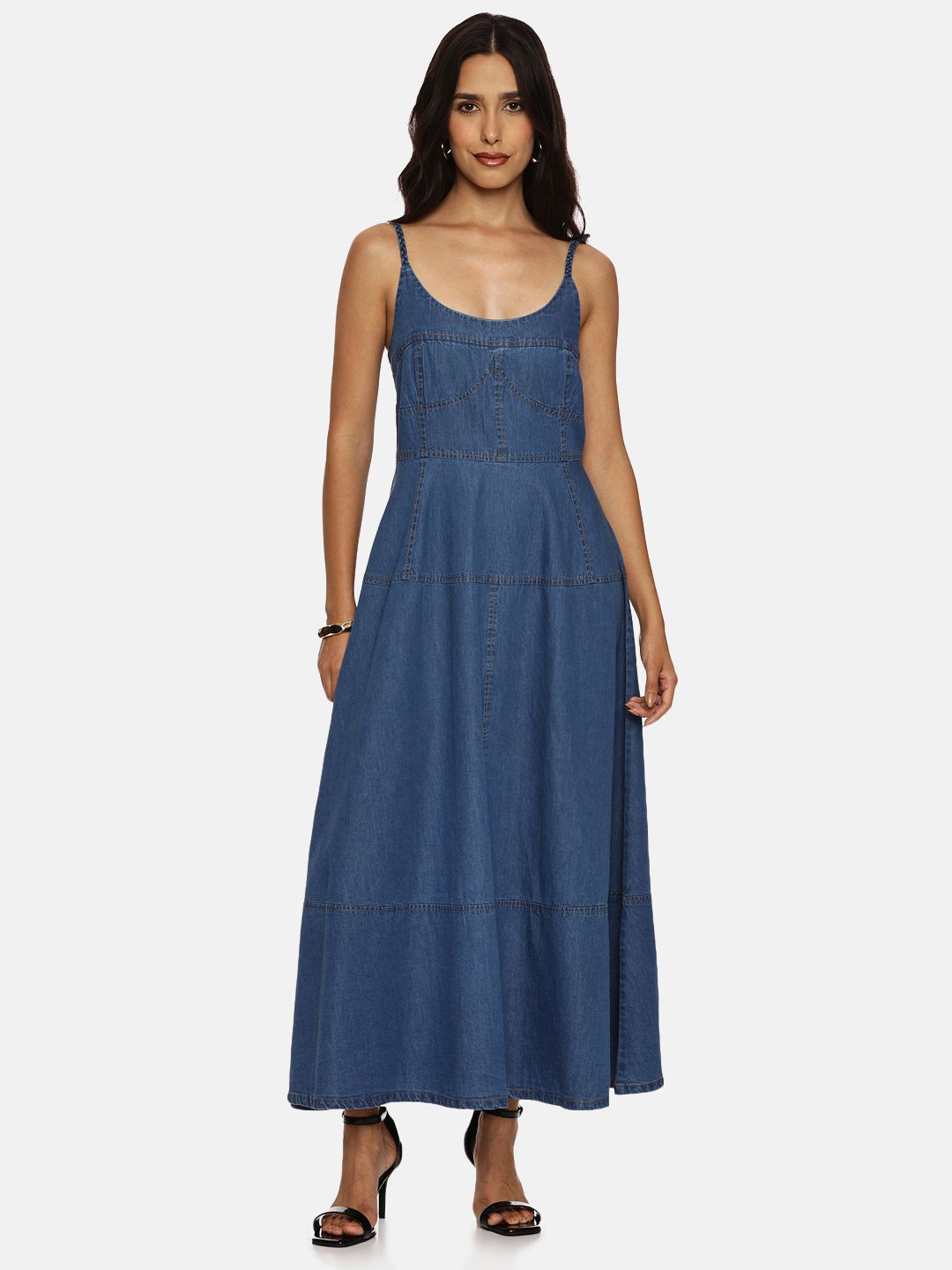 ISU Printed Scoop Neck Denim Fit and Flare Maxi Dress