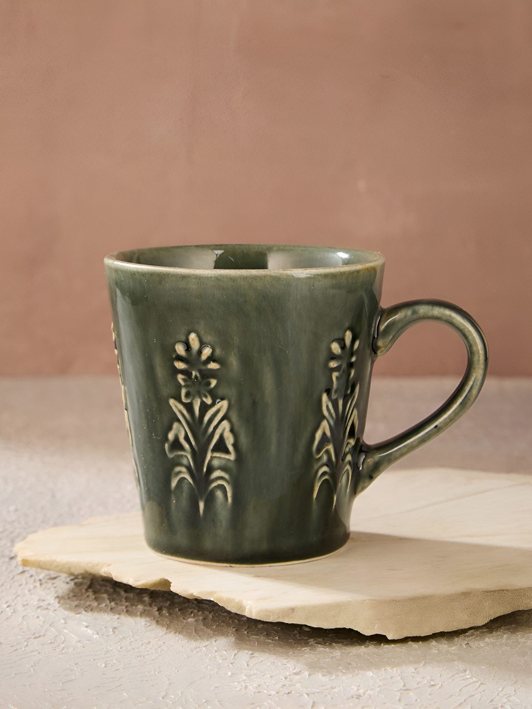 Fabindia Ahilya Green Textured Glossy Dishwasher & Microwave Safe Ceramic Glossy Mugs