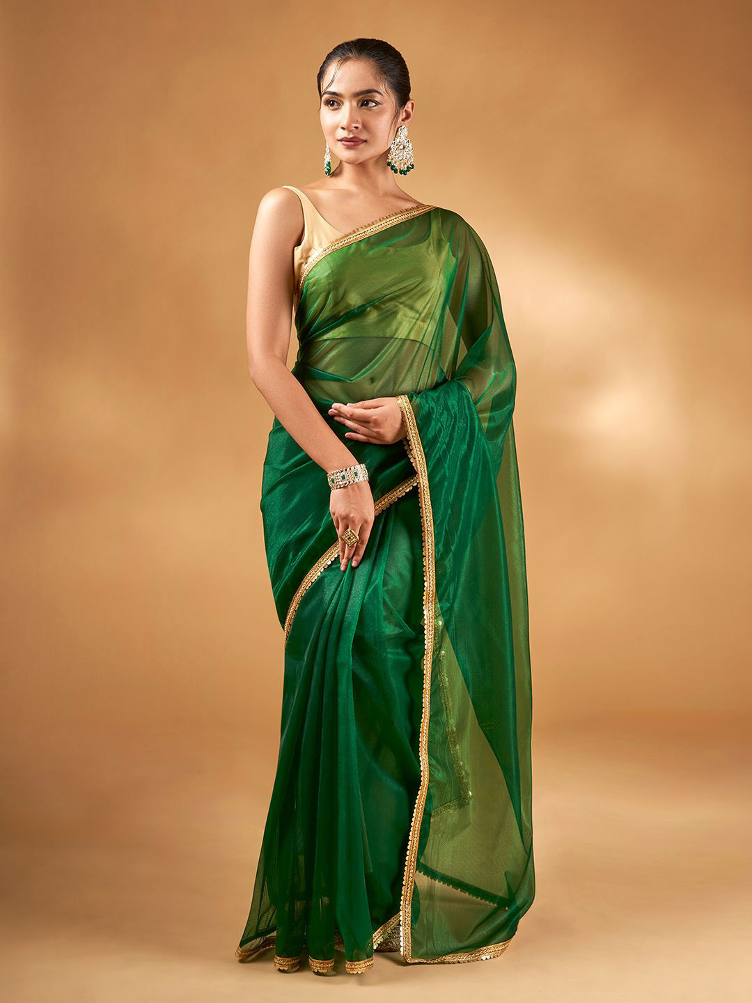 TEEJH Women Iraja Forest Green Net Saree