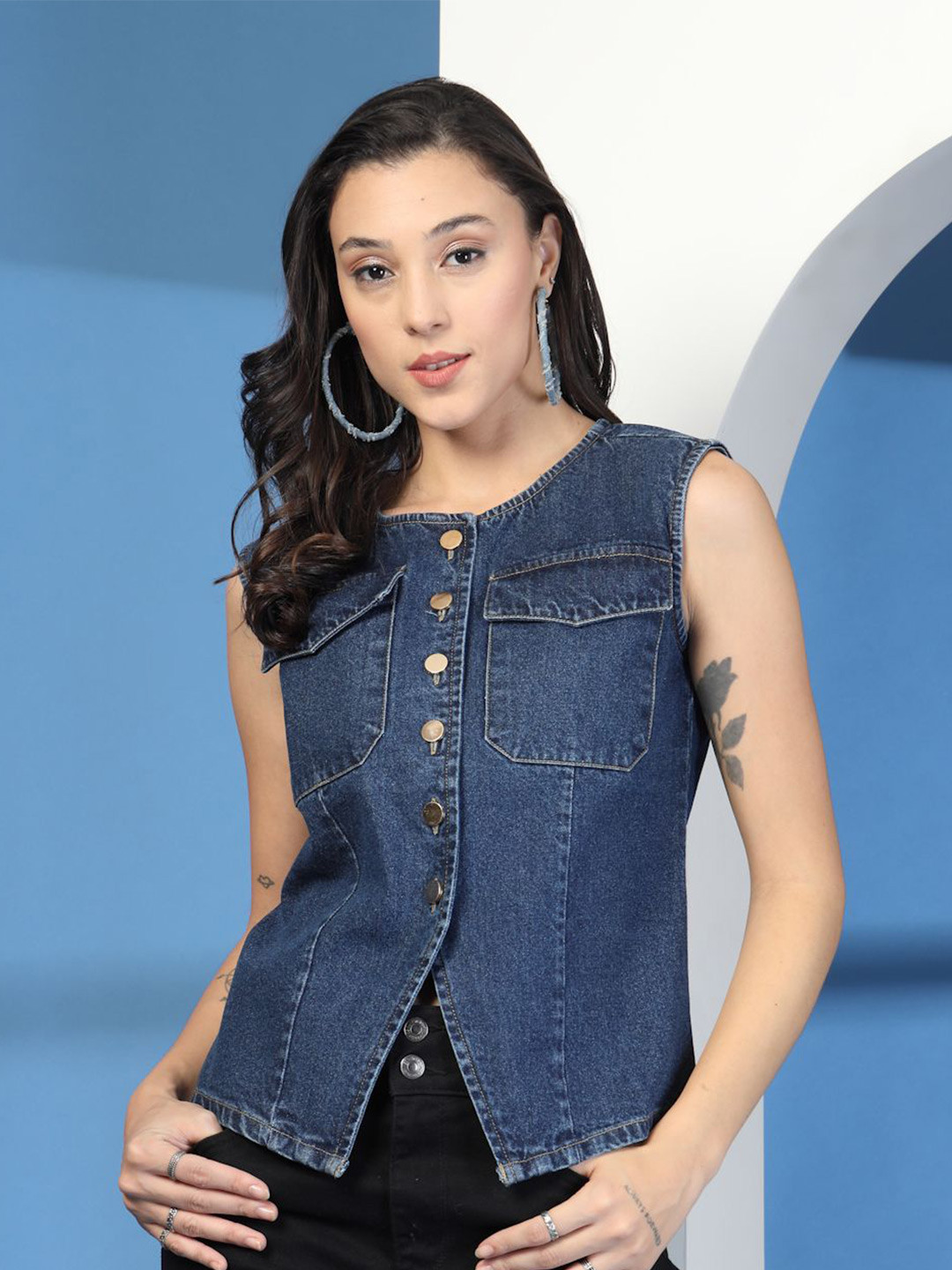 COSMIC TRIO Women Cotton Denim Shirt Style Top