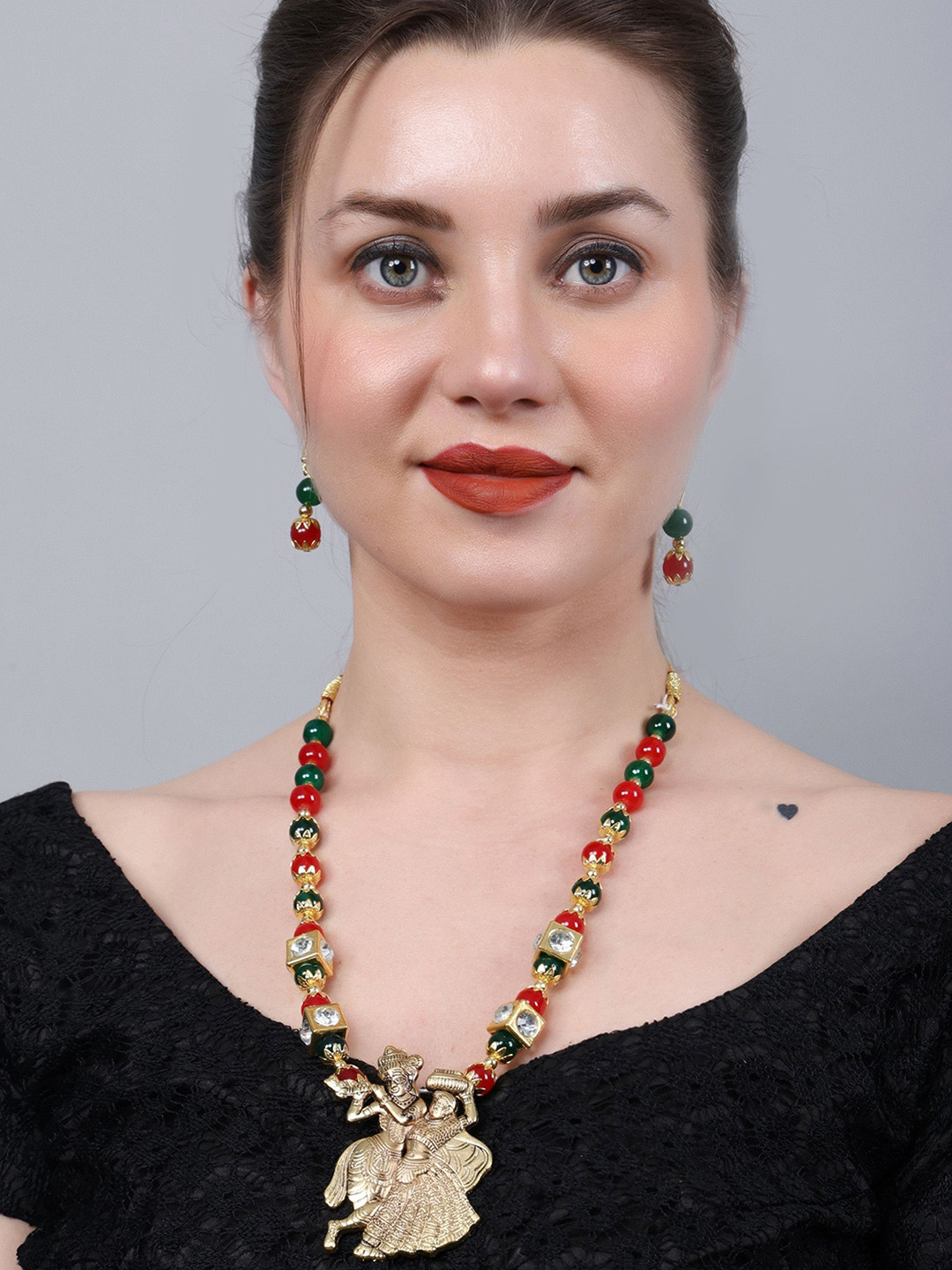 PUJVI Artificial Stones Studded & Beaded Radha Krishna Jewellery Set