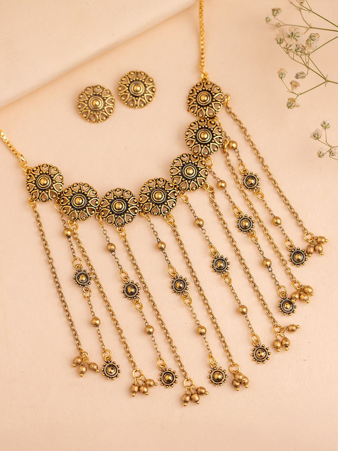 Voylla Gold-Plated Fringes Bloom In Fringe Statement Jewellery Set