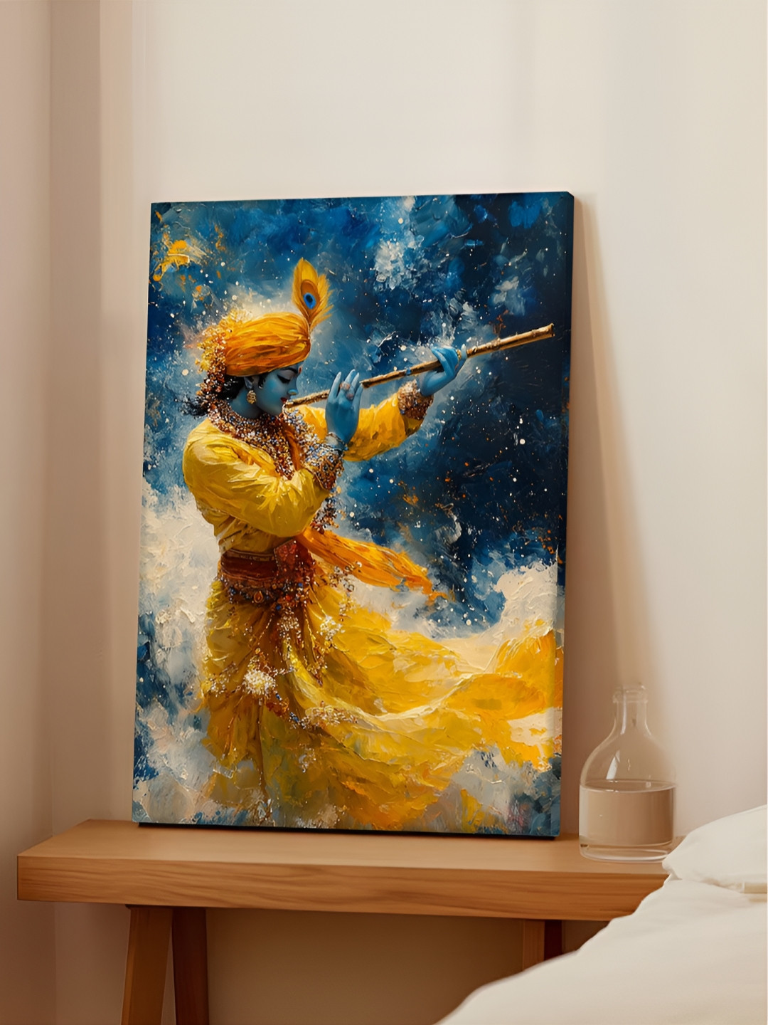 Art Street Yellow & Blue Abstact Art Shree Krishna Divine Flute Player Canvas Wall Art