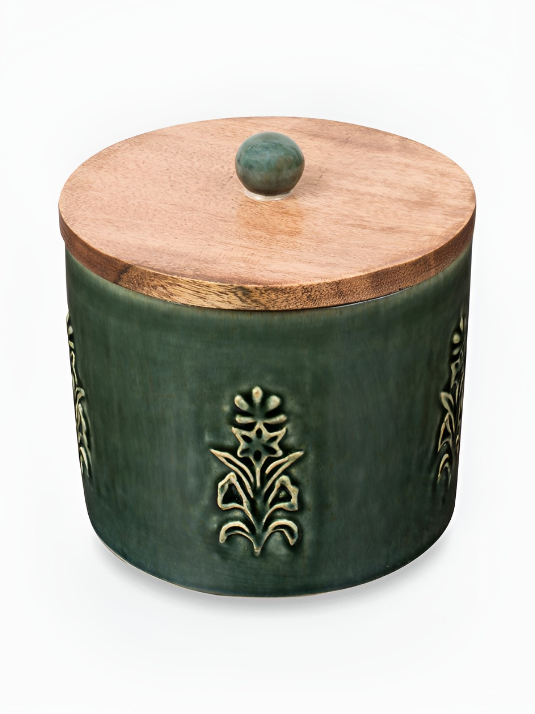 Fabindia Ahilya Green Floral Textured Microwave Safe Ceramic Canister Container