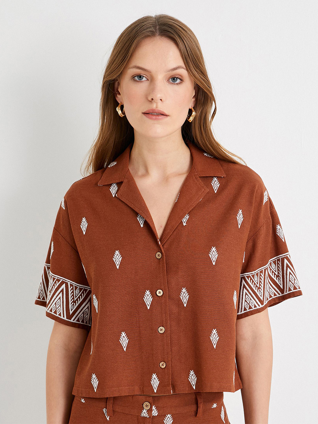 Koton Women Cuban Collar Ethnic Motifs Printed Casual Shirt