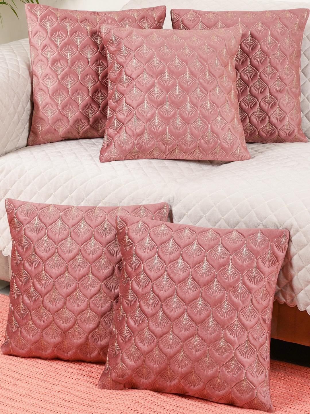 TANLOOMS Pink & Gold-Toned Set of 5 Velvet Square Cushion Covers