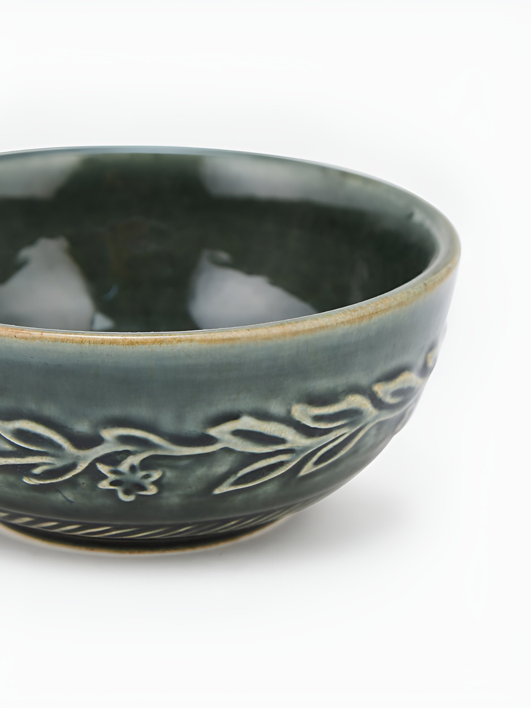 Fabindia Ahilya Green Textured Glossy Dishwasher & Microwave Safe Ceramic Serving Bowl