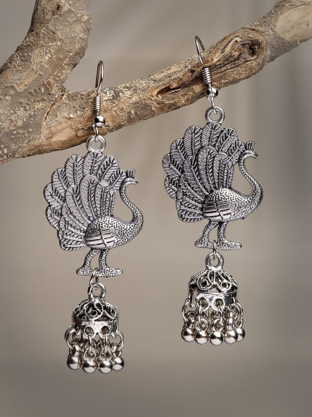 Anouk Women Silver-Toned Peacock Desing German Silver Oxidized Dome Shaped Jhumka Earrings