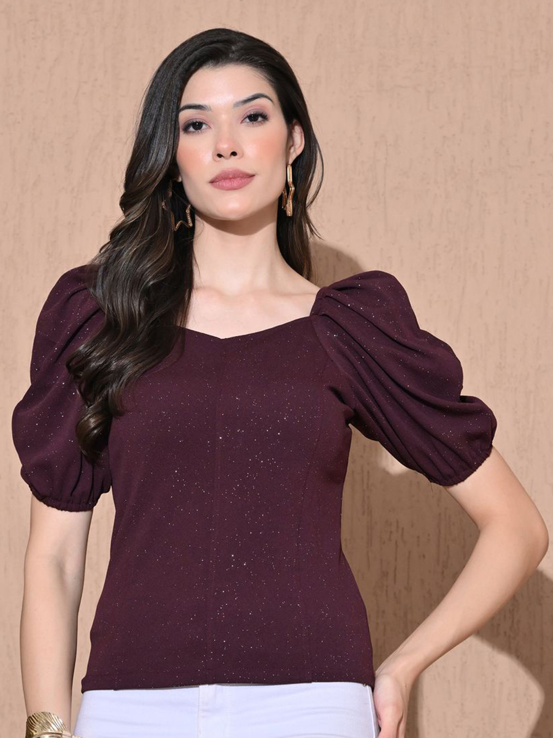 Purple Sweetheart Neck Puff Sleeve Top
