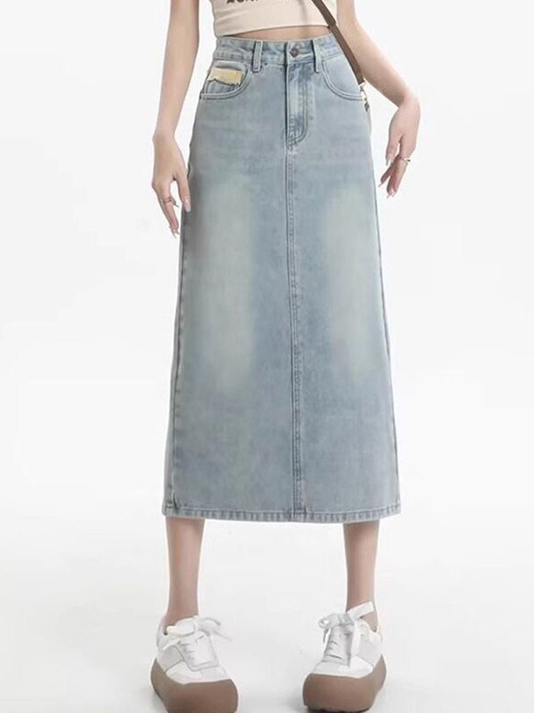 StyleCast x Revolte Denim Back-Slit Straight Midi Skirt