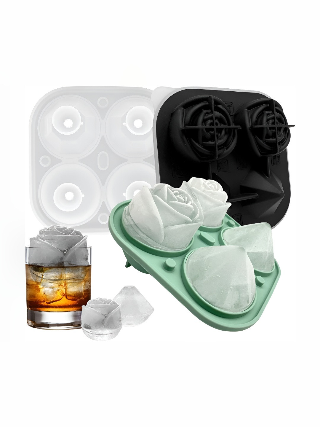 NATURALLY YOURS Green Silicone 2 Rose 2 Daimond Ice Moulds