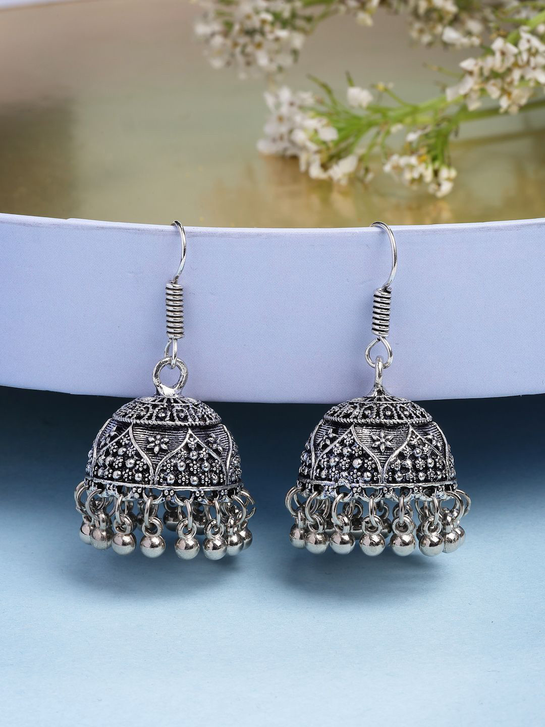 Anouk Women German Silver Oxidized Floral Design Jhumka Earrings