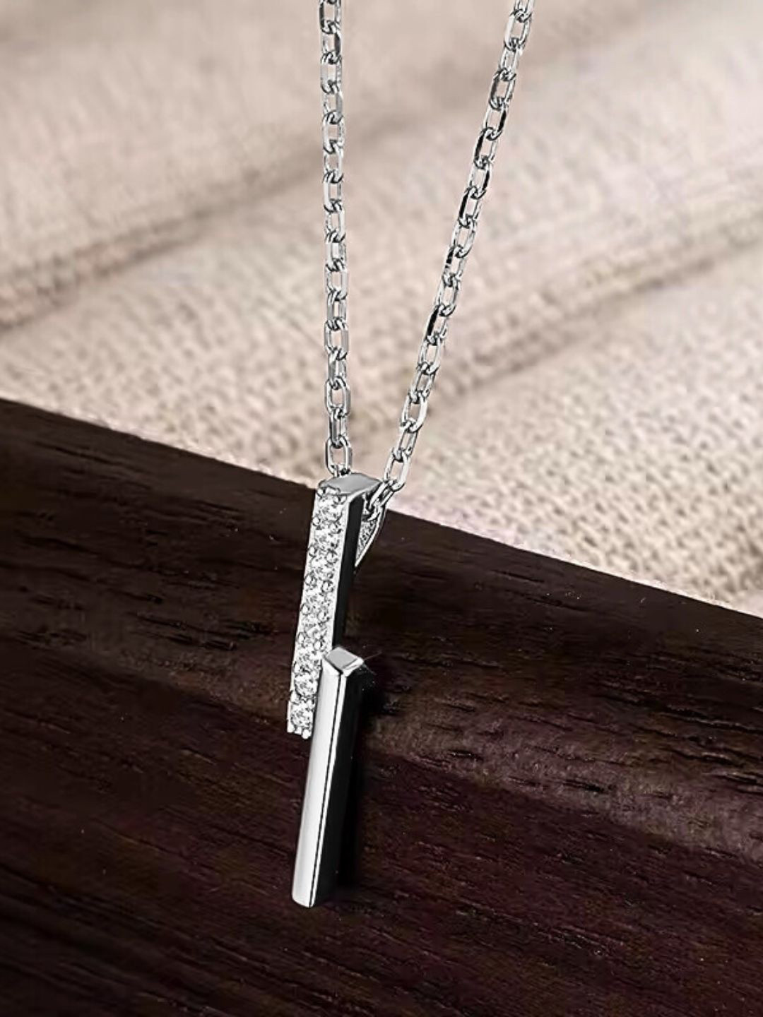 CAUER 925 Silver Rhodium-Plated Stones Studded Contemporary Diamond Bar Pendant With Chain