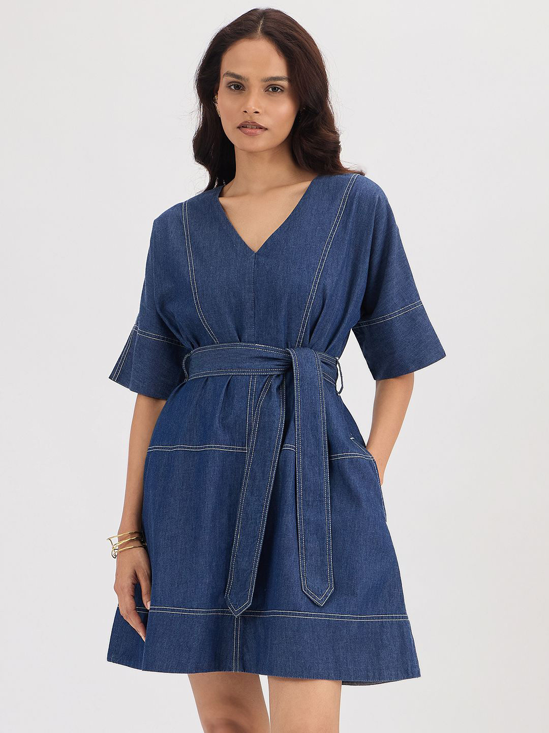 FEMMELLA Denim BeltedFit & Flare Mini Dress