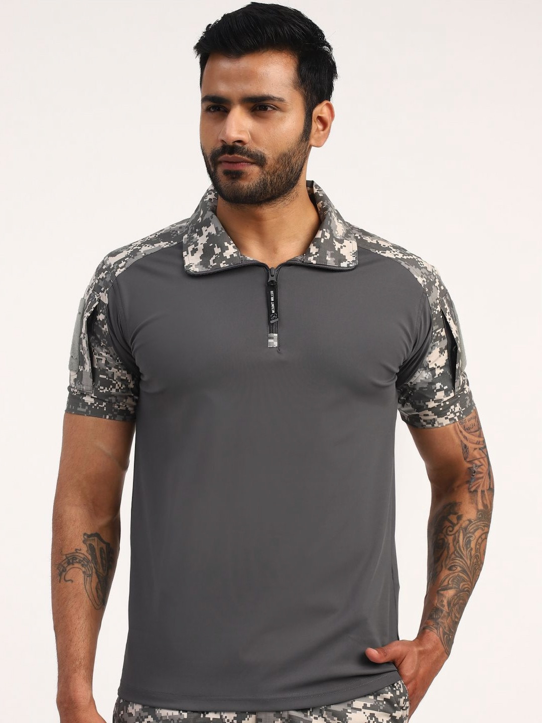 MOUNTMILLER Abstract Printed Polo Collar Pockets Cotton Tactical T-shirt