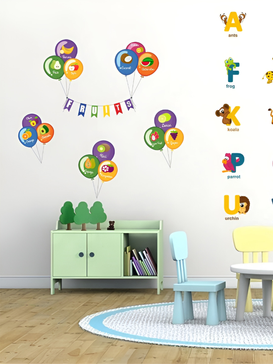Aura Green & Yellow English Alphabet & Fruits Name Combo Self Adhesive Wall Sticker