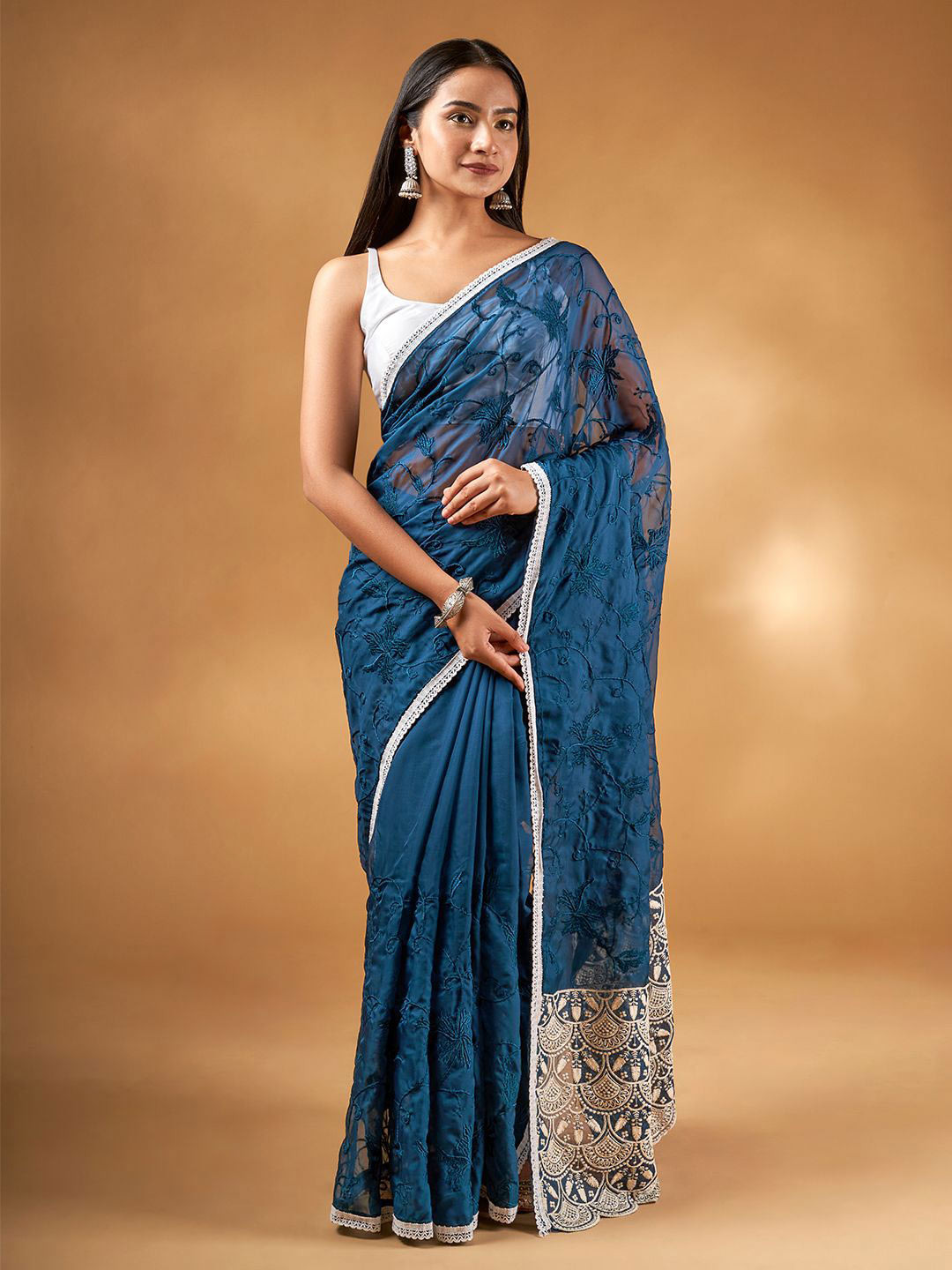 TEEJH Kushboo Dark Blue Organza Saree
