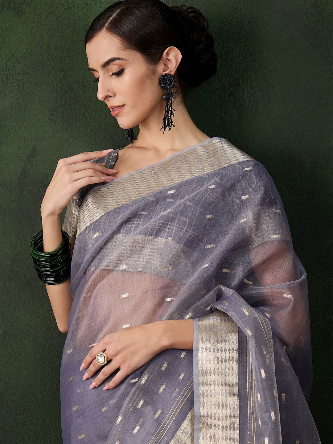 Leeza Store Geometric Woven Design Zari Organza Banarasi Saree