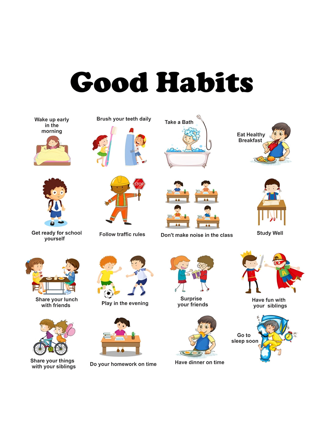 LANSTICK Blue & Yellow Good Habit For Children Printed Wall Stcikers