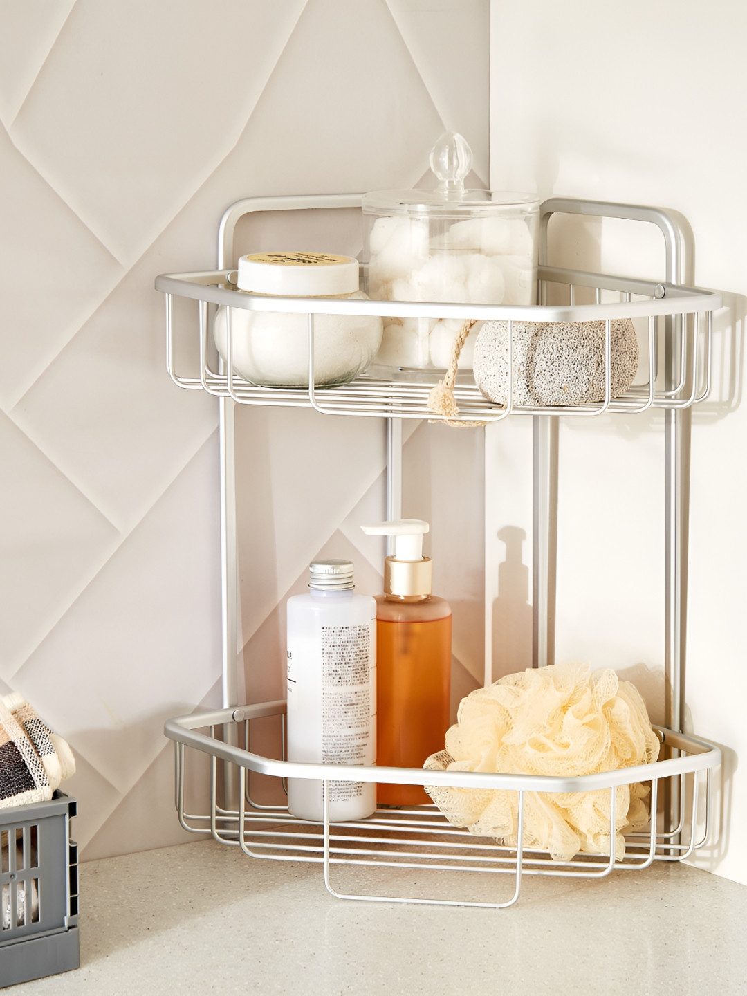 Home Centre Silver-Toned 2 Pieces Orion Stem Metal Tier Shower Caddy