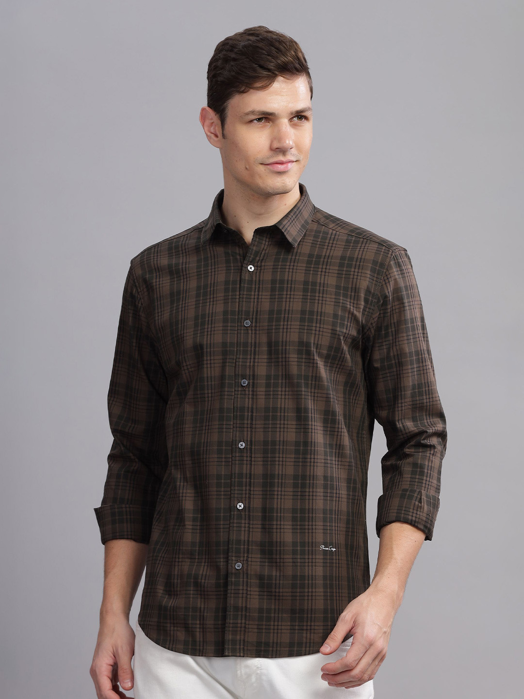 THREE DAYS Tartan Checked Spread Collar Long Sleeves Cotton Comfort Slim Fit Shirt