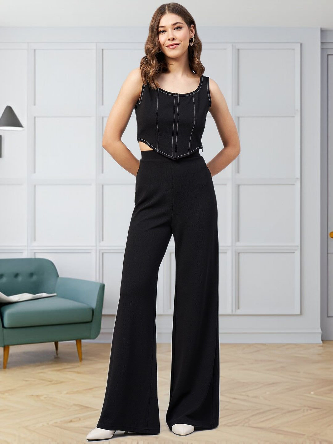 all about you Scoop Neck Corset-Top With Flared Palazzos Co-Ords